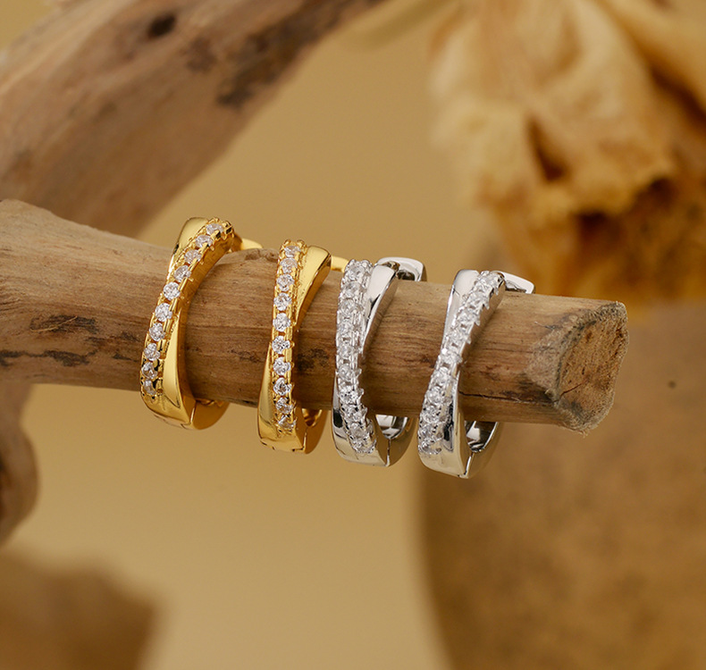 925 Sterling Silver Twisted CZ Hoop Earrings Gold Plated Crossover Huggie Earrings for Women - Image 3