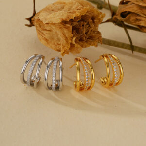 925 Sterling Silver Triple Row CZ Stud Earrings Gold Plated Layered Hoop Earrings for Women