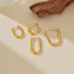 925 Sterling Silver Gold Plated Cubic Zirconia Oval Hoop Earrings Minimalist U Shape Huggie Earrings for Women