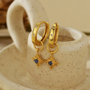 925 Sterling Silver Starburst Charm Hoop Earrings Gold Plated Blue CZ Huggie Earrings for Women