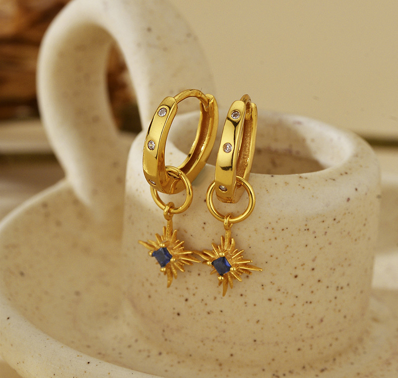 Blue CZ Starburst Charm Hoop Earrings