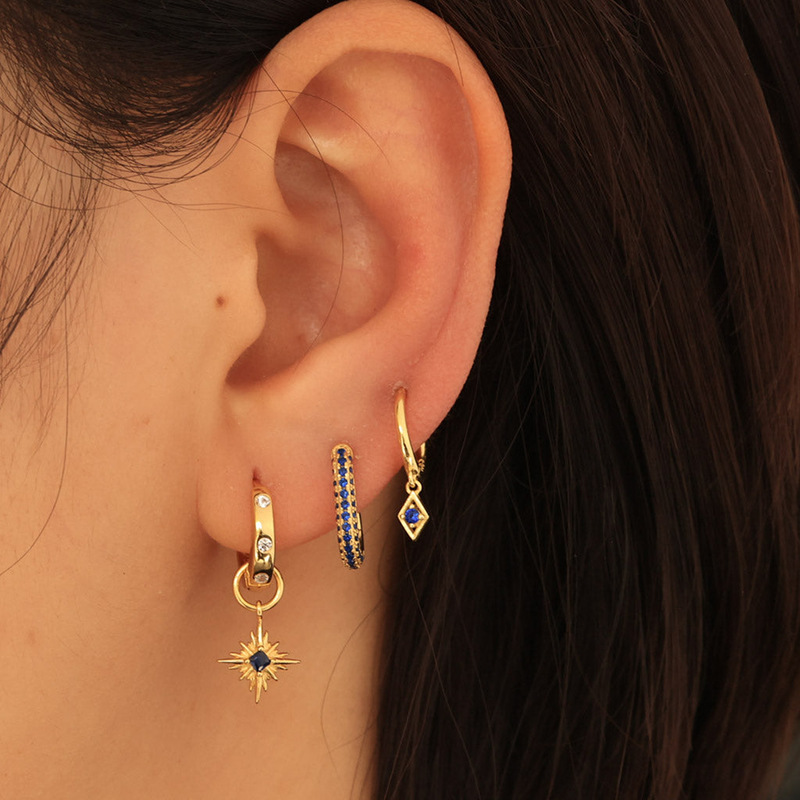 Blue CZ Starburst Charm Hoop Earrings - Image 2