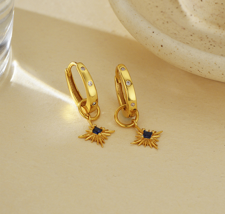 Blue CZ Starburst Charm Hoop Earrings - Image 3