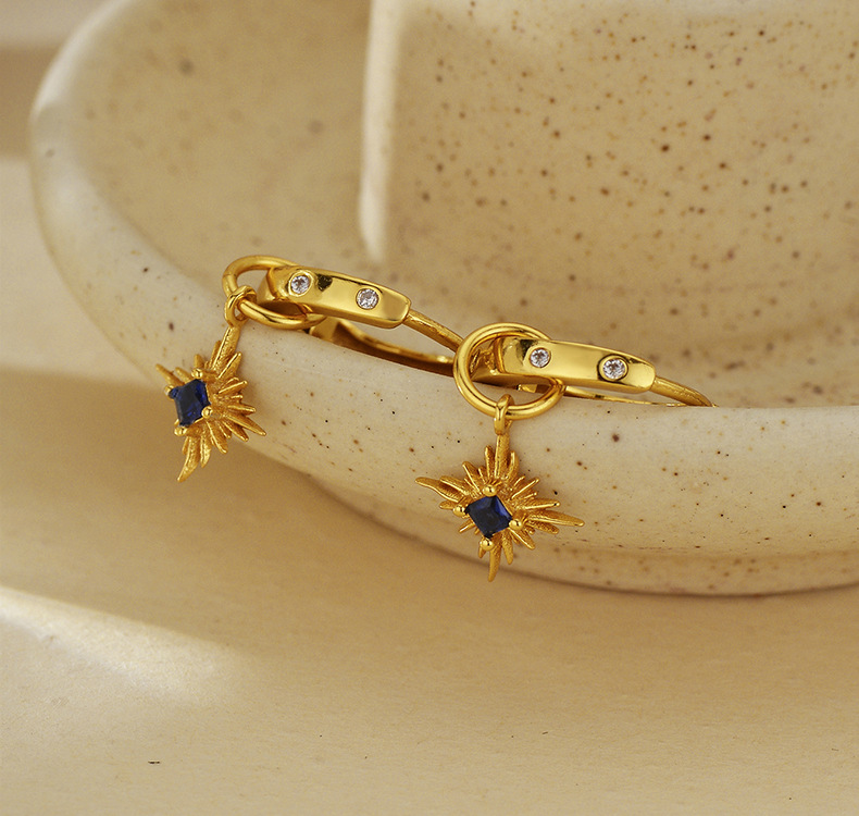 Blue CZ Starburst Charm Hoop Earrings - Image 4