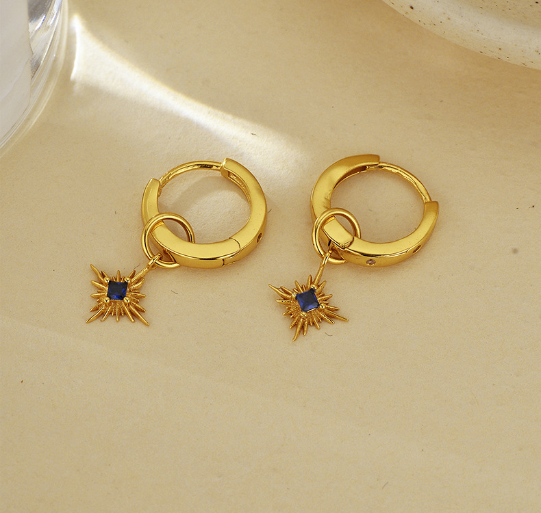Blue CZ Starburst Charm Hoop Earrings - Image 6