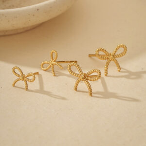 925 Sterling Silver Bow Stud Earrings Gold Plated Rope Texture Cute Jewelry for Women