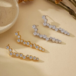 925 Sterling Silver Graduated CZ Drop Earrings Gold Plated Bezel Set Cubic Zirconia Dangle Earrings for Women