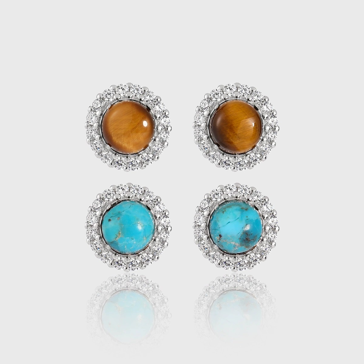 Wholesale 925 Sterling Silver Round Gemstone Stud Earrings Natural Tiger Eye Turquoise Halo Cubic Zirconia Earrings for Women