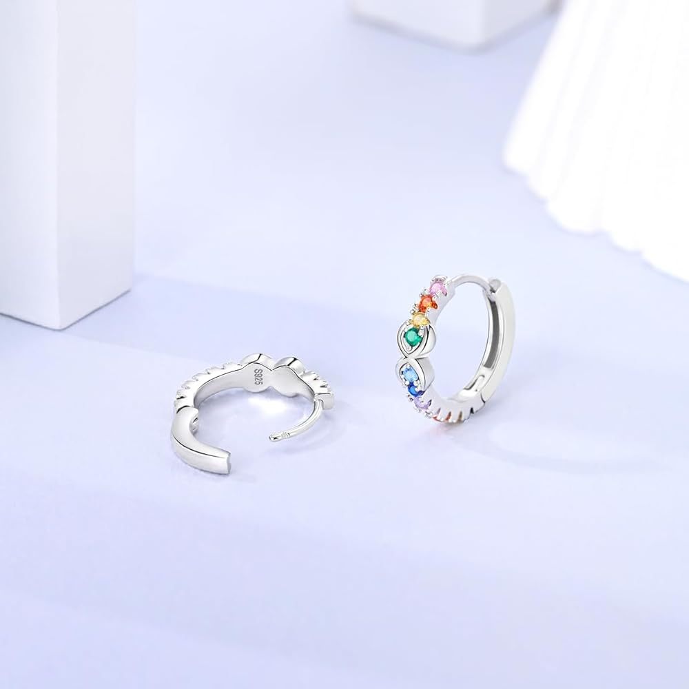 925 Sterling Silver Rainbow CZ Huggie Hoop Earrings Colorful Cubic Zirconia Small Hoop Earrings for Women