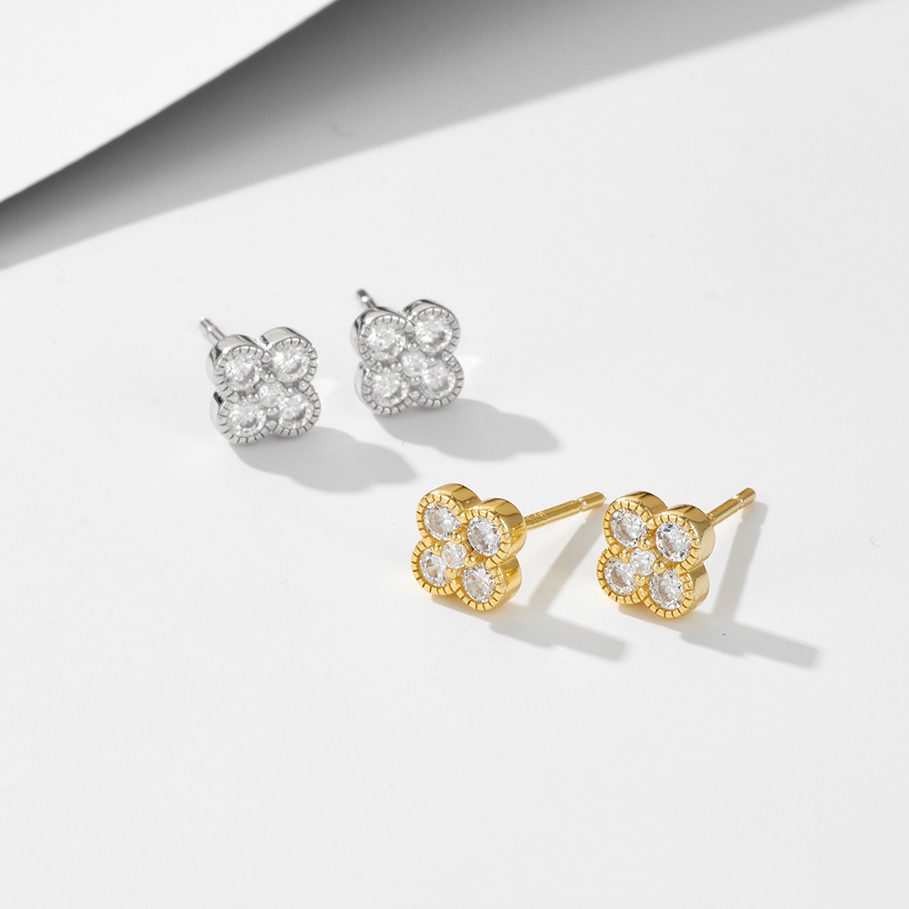 925 Sterling Silver Cubic Zirconia Flower Stud Earrings Gold Plated Four Petal Floral Earrings for Women Fine Jewelry