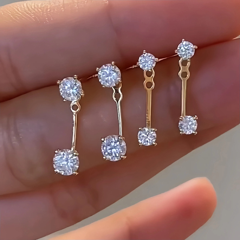 925 Sterling Silver Double CZ Drop Stud Earrings Gold Plated Cubic Zirconia Link Earrings for Women