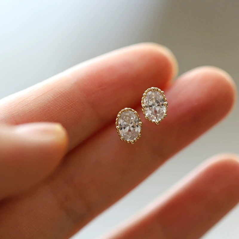 925 Sterling Silver Gold Plated Oval Cut Cubic Zirconia Stud Earrings Vintage Milgrain Earrings for Women Fine Jewelry