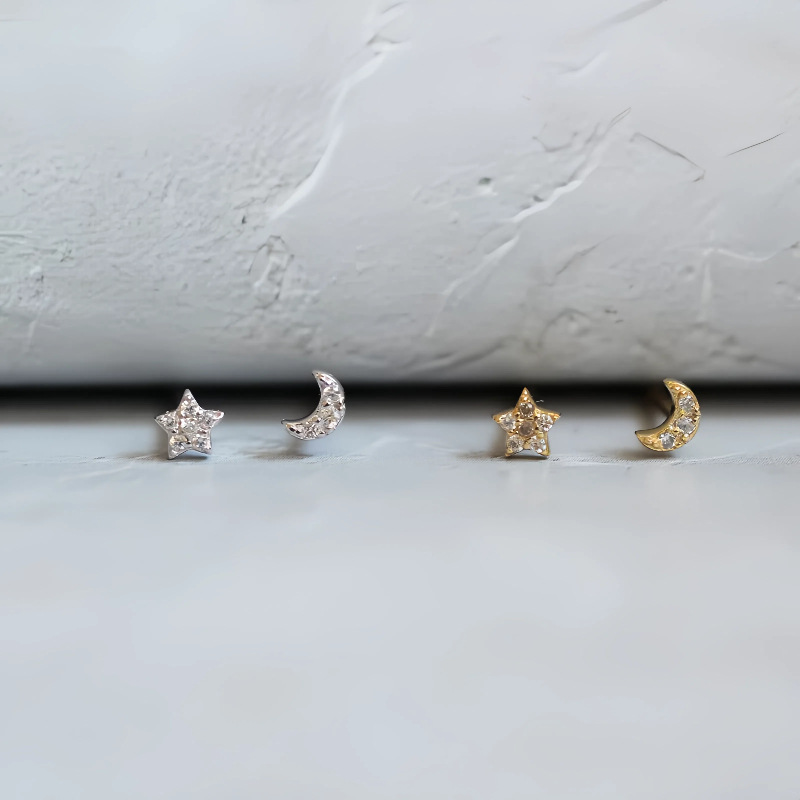 925 Sterling Silver Cubic Zirconia Star Moon Stud Earrings Gold Plated Celestial Mismatched Earrings for Women