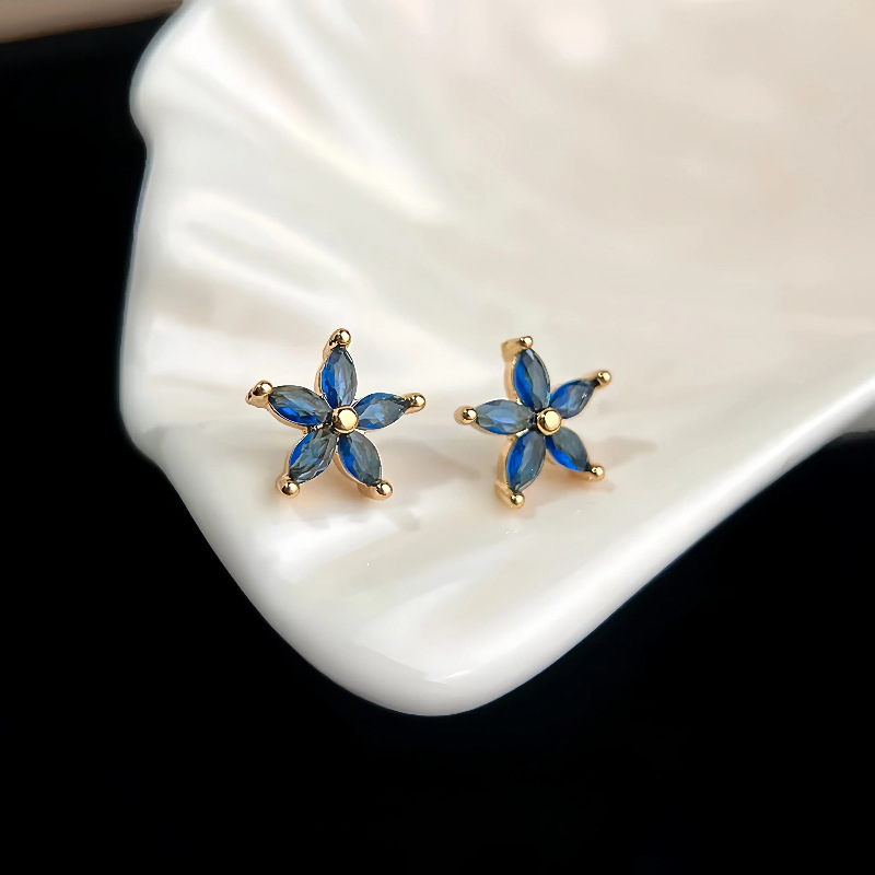 Wholesale 925 Sterling Silver Gold Plated Blue Cubic Zirconia Flower Stud Earrings Marquise Cut Floral Earrings for Women Fine Jewelry