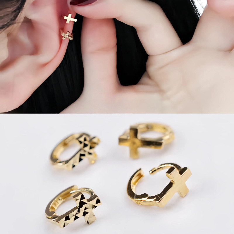 925 Sterling Silver Gold Plated Cross Huggie Hoop Earrings Minimalist Christian Jewelry Earrings for Women - Image 2