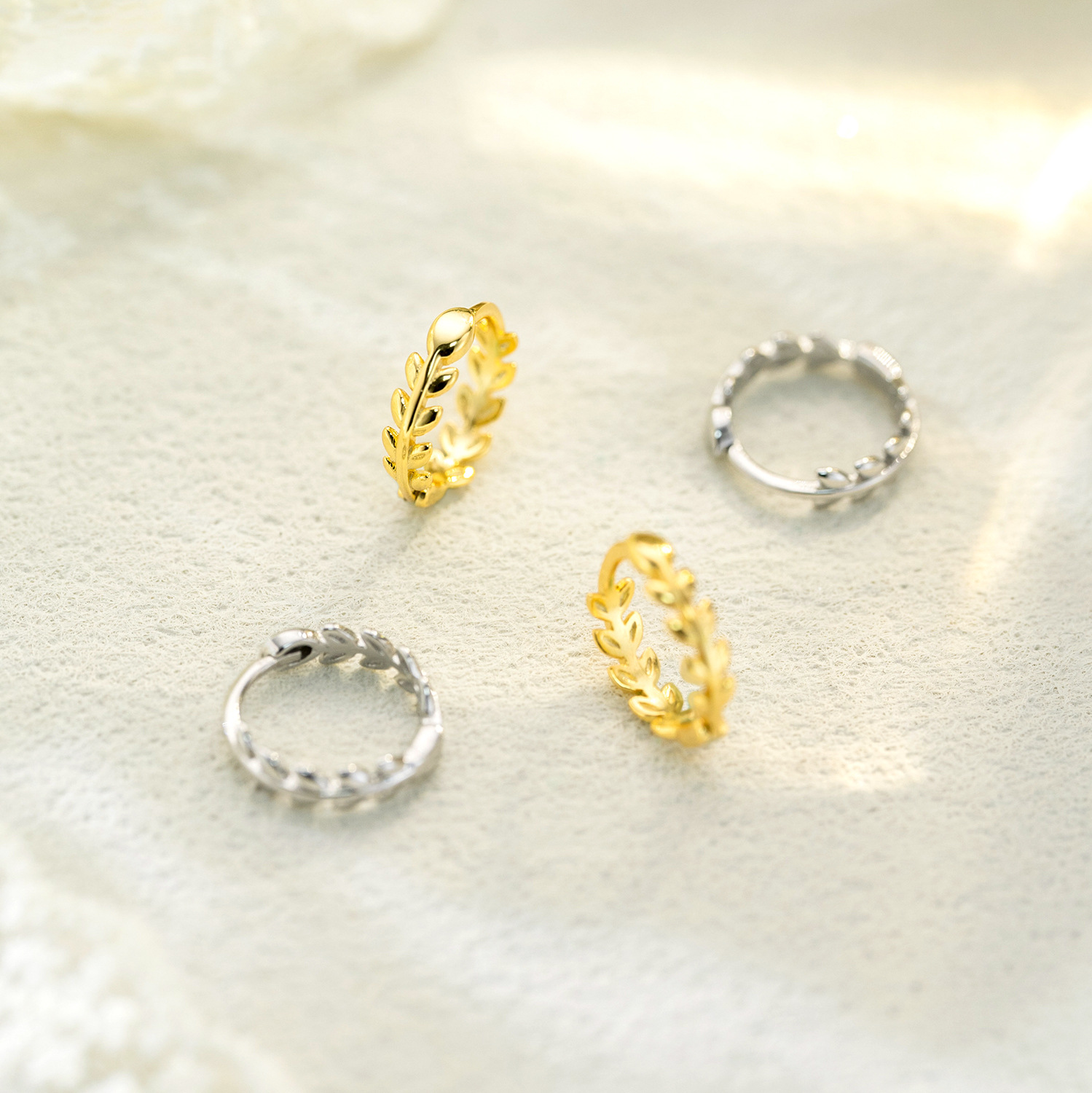 925 Sterling Silver Gold Plated Laurel Leaf Huggie Earrings for Women Dainty Nature Inspired Hoop Earrings