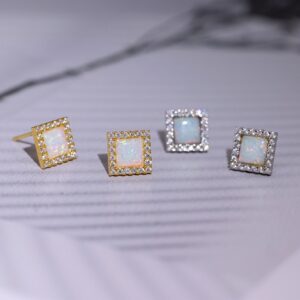Square Opal CZ Halo Stud Earrings