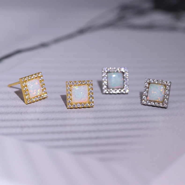 Wholesale 925 Sterling Silver Square Opal Stud Earrings Micro Pave Cubic Zirconia Geometric Fashion Jewelry for Women