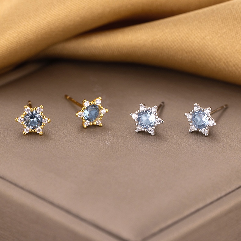 Wholesale 925 Sterling Silver Snowflake Star Stud Earrings Blue Cubic Zirconia Fashion Jewelry Gold Plated Earrings for Women
