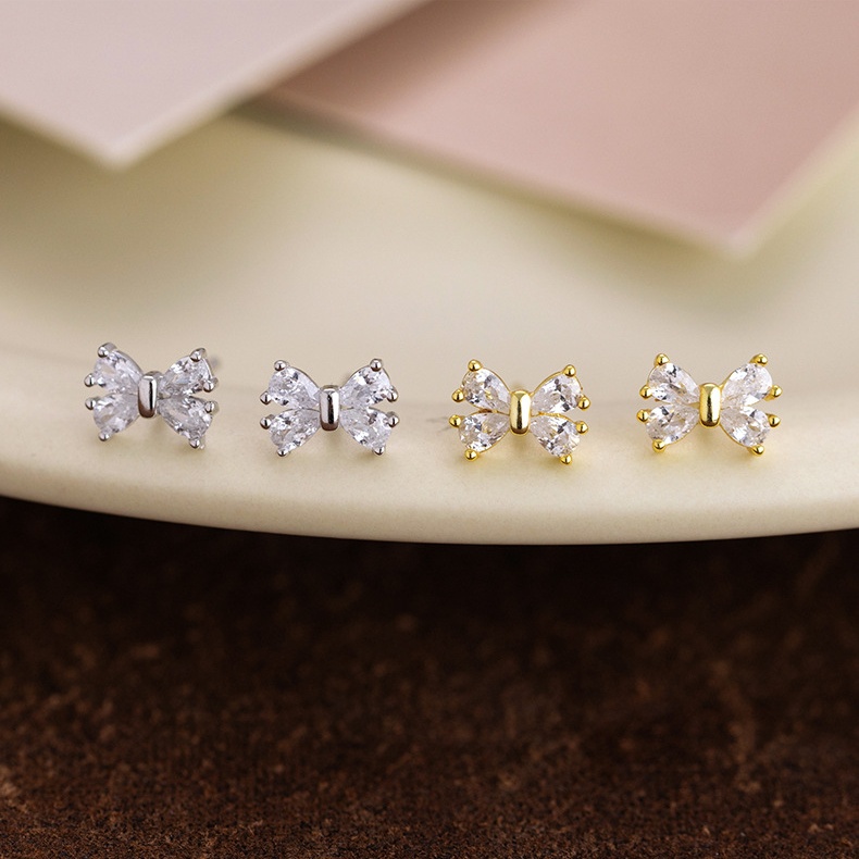 925 Sterling Silver Bow Stud Earrings Pear Cut Cubic Zirconia Sweet Fashion Jewelry Gold Plated Earrings for Women