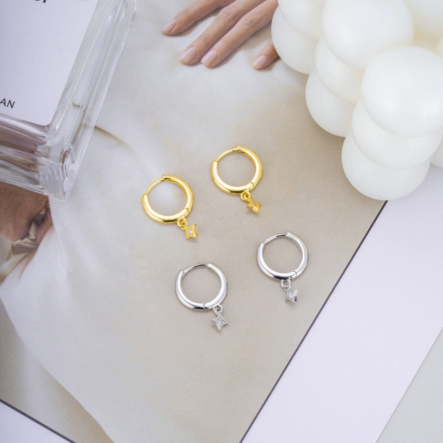 925 Sterling Silver Star Charm Huggie Hoop Earrings Gold Plated CZ Dangle Hoop Earrings Minimalist Jewelry for Women