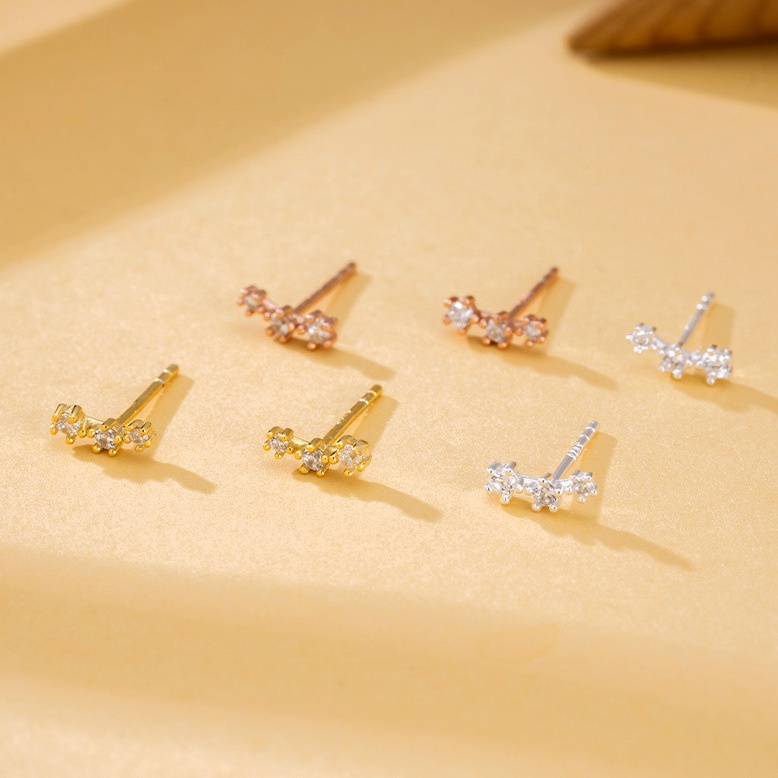 925 Sterling Silver Triple CZ Stud Earrings Gold Plated Crystal Bar Earrings Minimalist Jewelry for Women