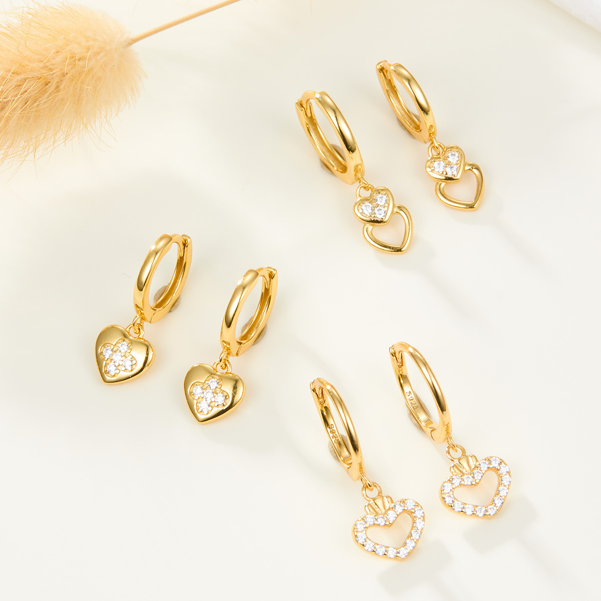 925 Sterling Silver Heart Charm Hoop Earrings Gold Plated CZ Heart Dangle Huggie Earrings Jewelry for Women