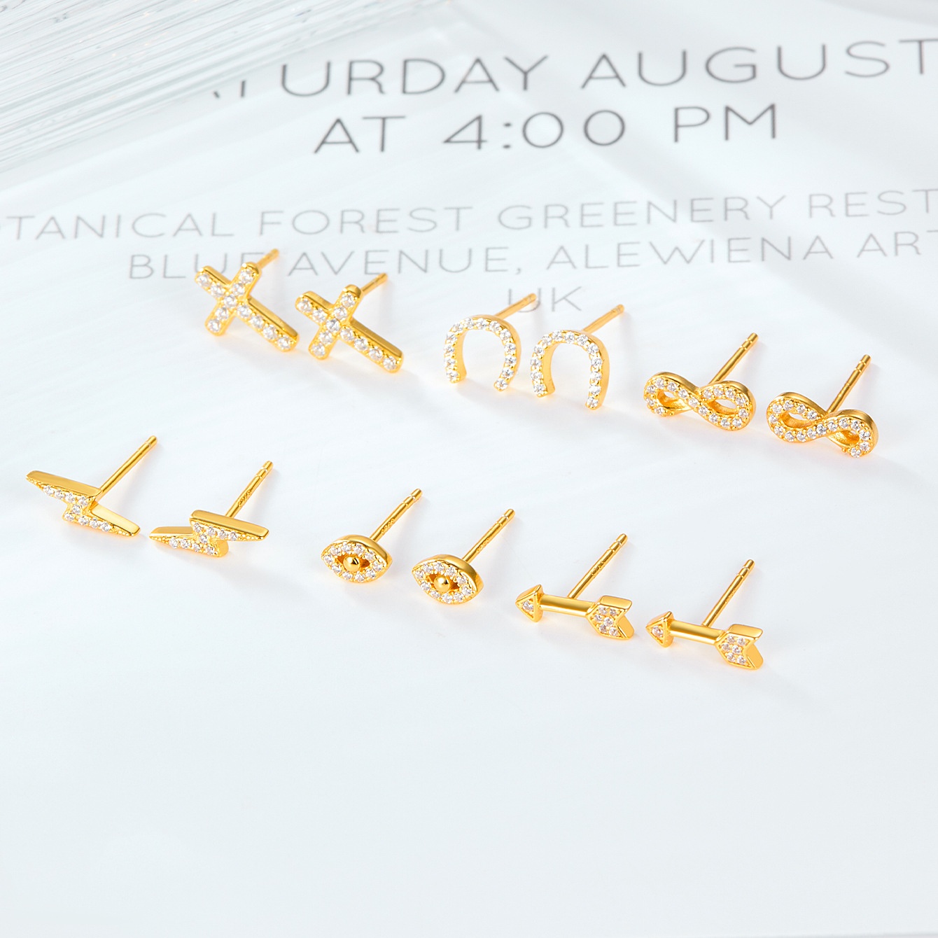 925 Sterling Silver CZ Stud Earrings for Women, Gold Plated Cross Lightning Horseshoe Infinity Arrow Earrings, Minimalist Jewelry Collection