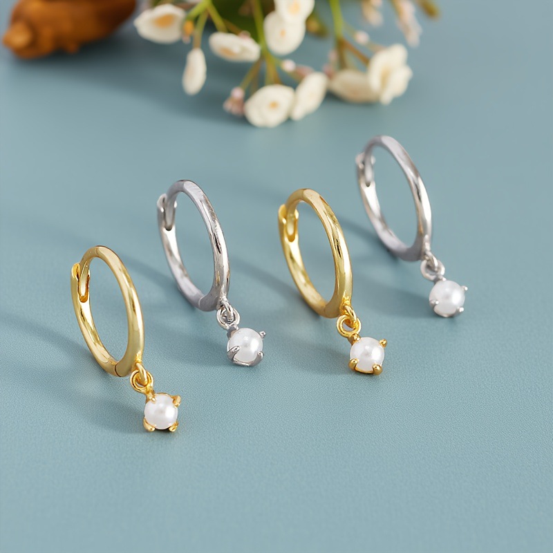925 Sterling Silver Pearl Hoop Earrings for Women Gold Plated Dainty Huggie Drop Earrings Minimalist Fine Jewelry