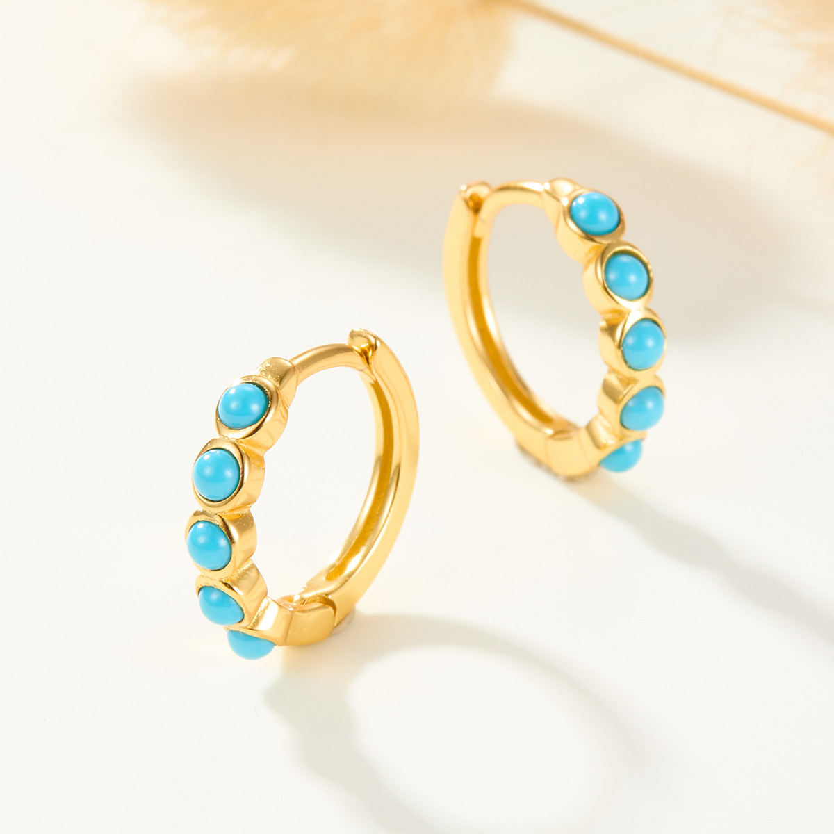 925 Sterling Silver Turquoise Hoop Earrings Gold Plated Huggie Earrings Vintage Blue Stone Jewelry for Women - Image 2