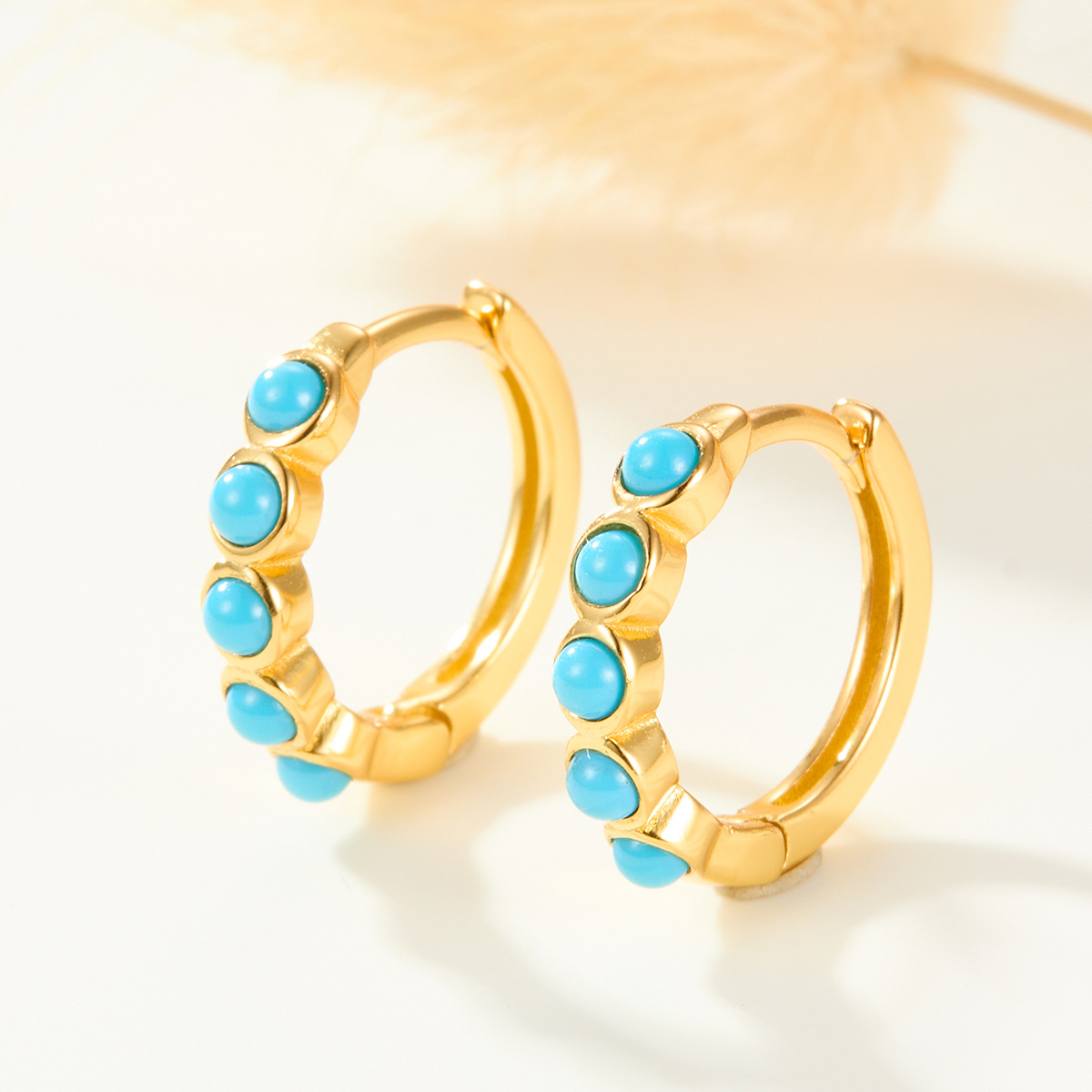 925 Sterling Silver Turquoise Hoop Earrings Gold Plated Huggie Earrings Vintage Blue Stone Jewelry for Women - Image 3