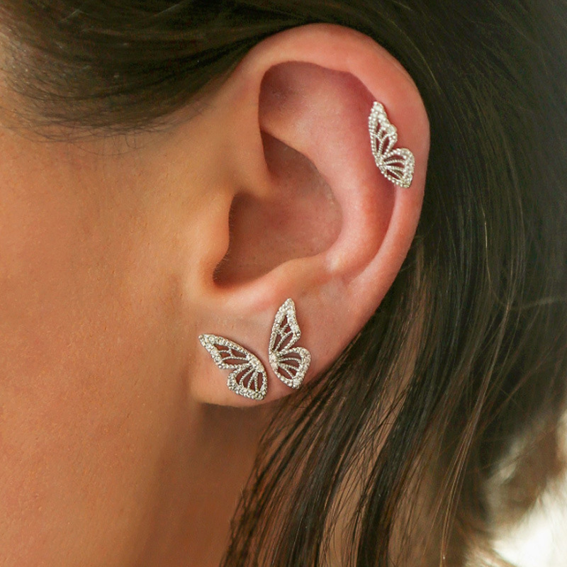 925 Sterling Silver Gold Plated CZ Butterfly Wing Stud Earrings Openwork Butterfly Earrings for Women