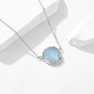Blue Gemstone CZ Halo Pendant Necklace
