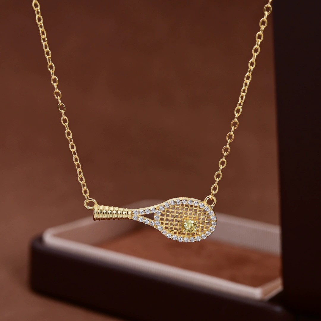 CZ Tennis Racket Pendant Necklace - Image 2
