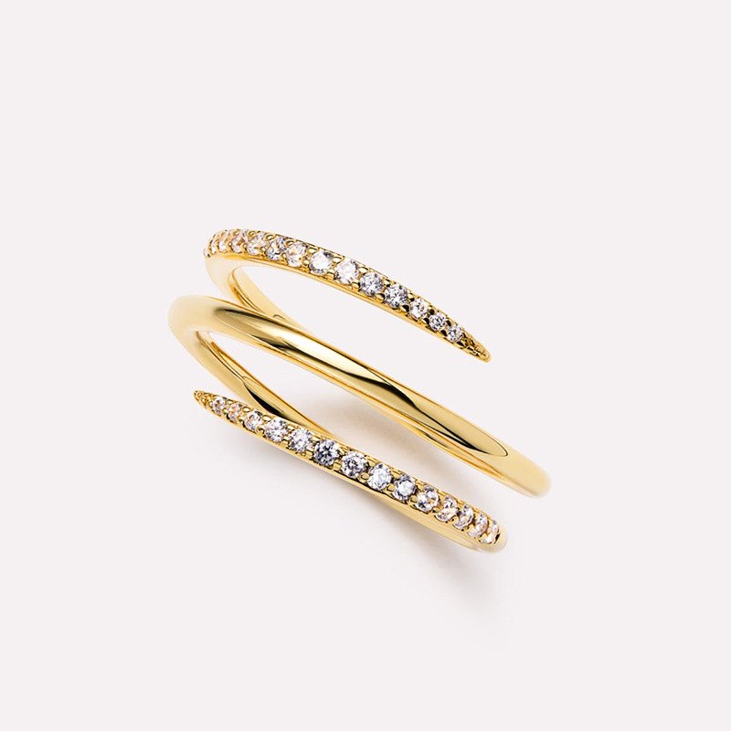 925 Sterling Silver Double Coil Spiral Open Ring Pave CZ Adjustable Statement Ring for Women