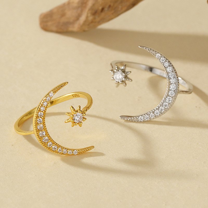 925 Sterling Silver Moon and Star Ring Adjustable Open Ring with Pave Cubic Zirconia Celestial Jewelry for Women