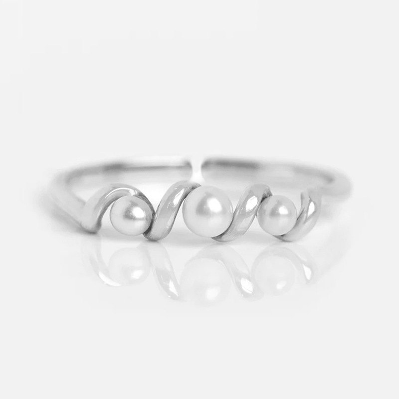 925 Sterling Silver Pearl Wave Open Ring Adjustable Minimalist Statement Ring for Women