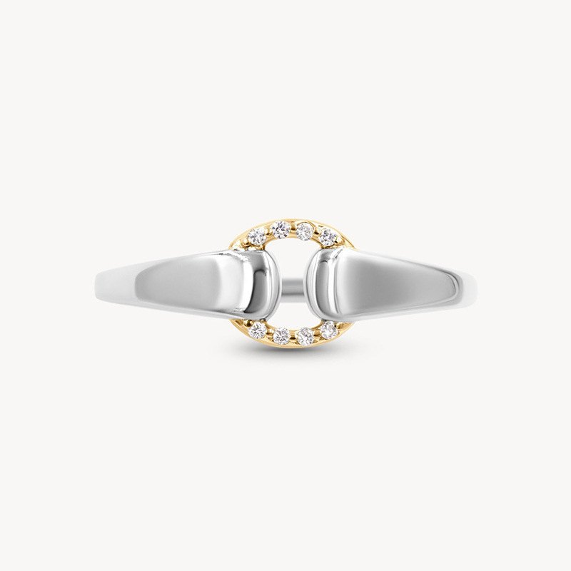 925 Sterling Silver Horsebit Link Open Ring Pave CZ Minimalist Adjustable Ring for Women