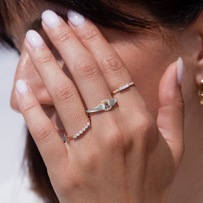 925 Sterling Silver Horsebit Link Open Ring Pave CZ Minimalist Adjustable Ring for Women - Image 4