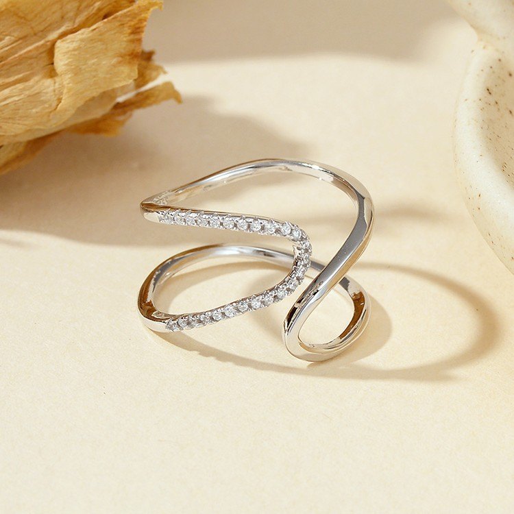 925 Sterling Silver Asymmetrical Wave Open Ring Pave CZ Statement Ring for Women - Image 2