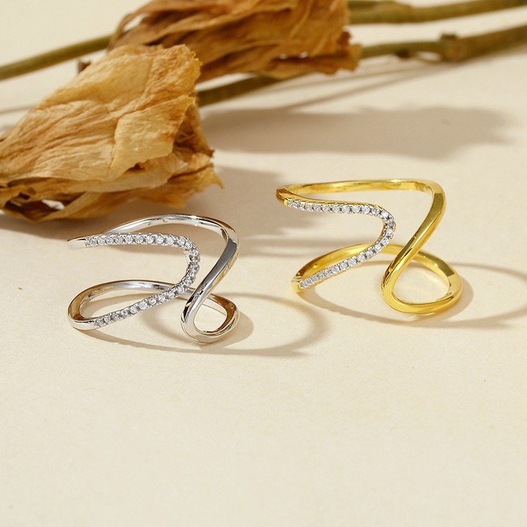 925 Sterling Silver Asymmetrical Wave Open Ring Pave CZ Statement Ring for Women - Image 6