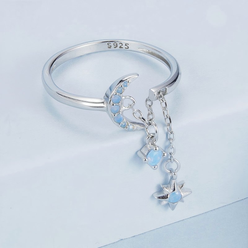 Wholesale 925 Sterling Silver Adjustable Star Tassel Ring with Dangle Chain Cubic Zirconia Open Finger Ring Fashion Jewelry for Women
