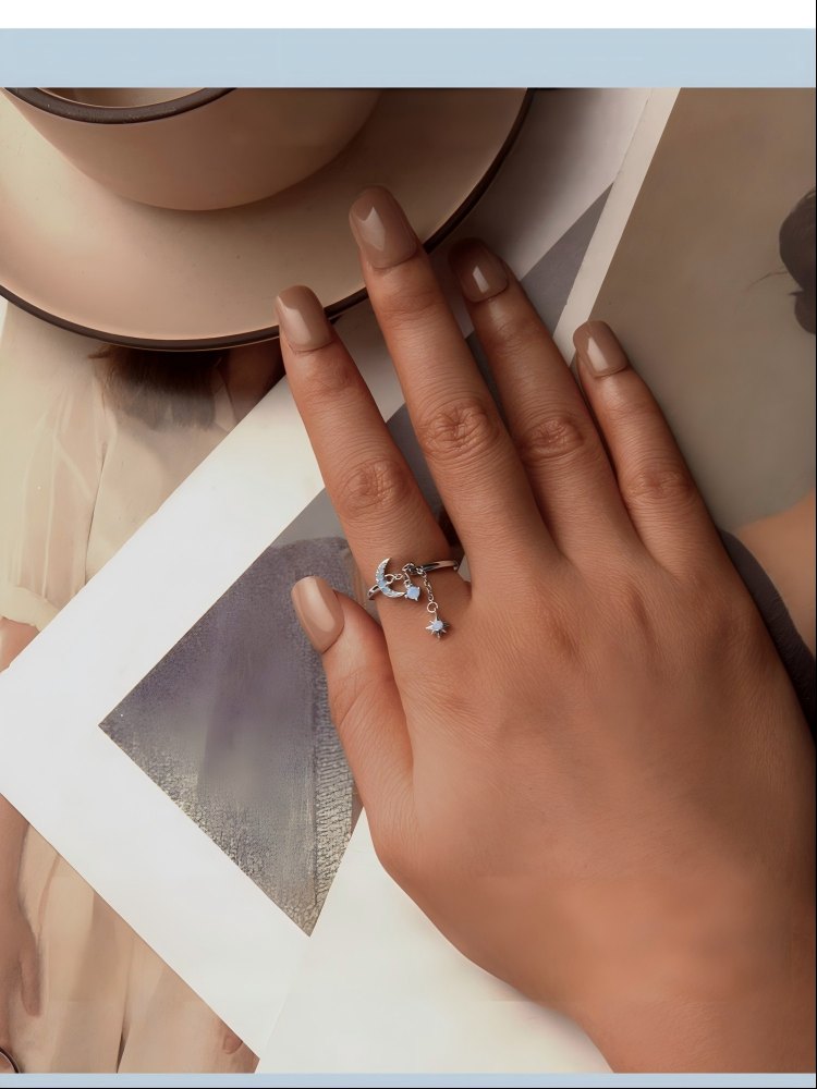 Wholesale 925 Sterling Silver Adjustable Star Tassel Ring with Dangle Chain Cubic Zirconia Open Finger Ring Fashion Jewelry for Women - Image 2