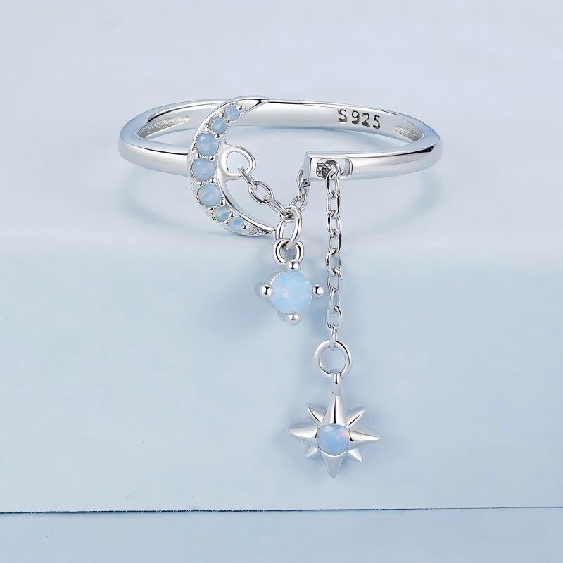 Wholesale 925 Sterling Silver Adjustable Star Tassel Ring with Dangle Chain Cubic Zirconia Open Finger Ring Fashion Jewelry for Women - Image 3