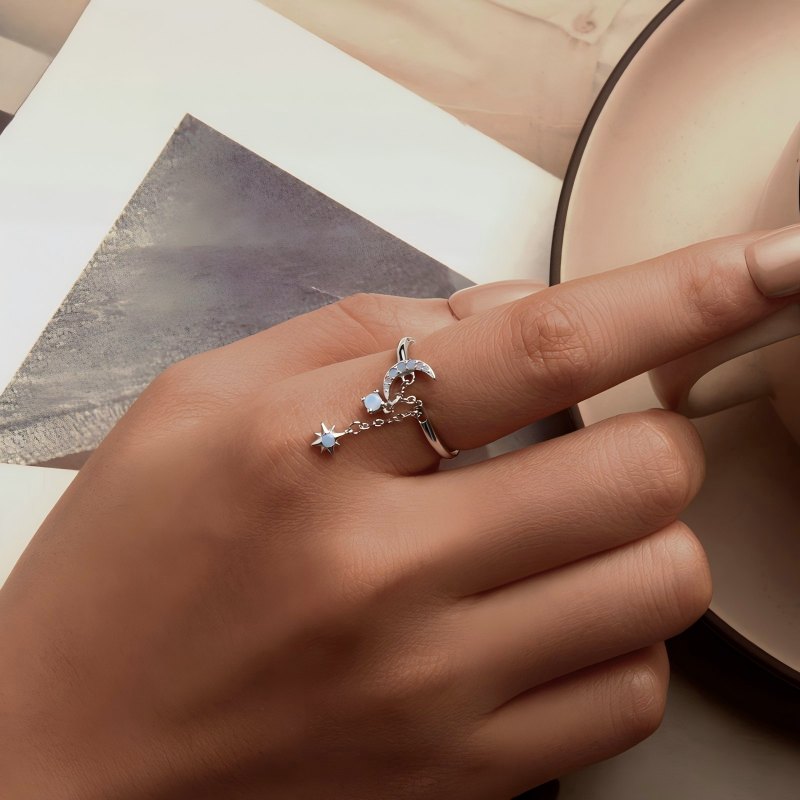 Wholesale 925 Sterling Silver Adjustable Star Tassel Ring with Dangle Chain Cubic Zirconia Open Finger Ring Fashion Jewelry for Women - Image 4