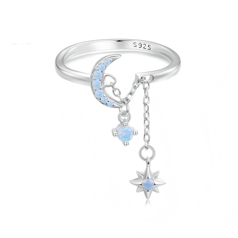 Wholesale 925 Sterling Silver Adjustable Star Tassel Ring with Dangle Chain Cubic Zirconia Open Finger Ring Fashion Jewelry for Women - Image 5