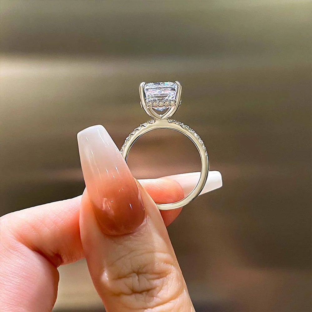 925 Sterling Silver Gold Plated Emerald Cut Cubic Zirconia Engagement Ring Luxury Pavé Wedding Jewelry for Women