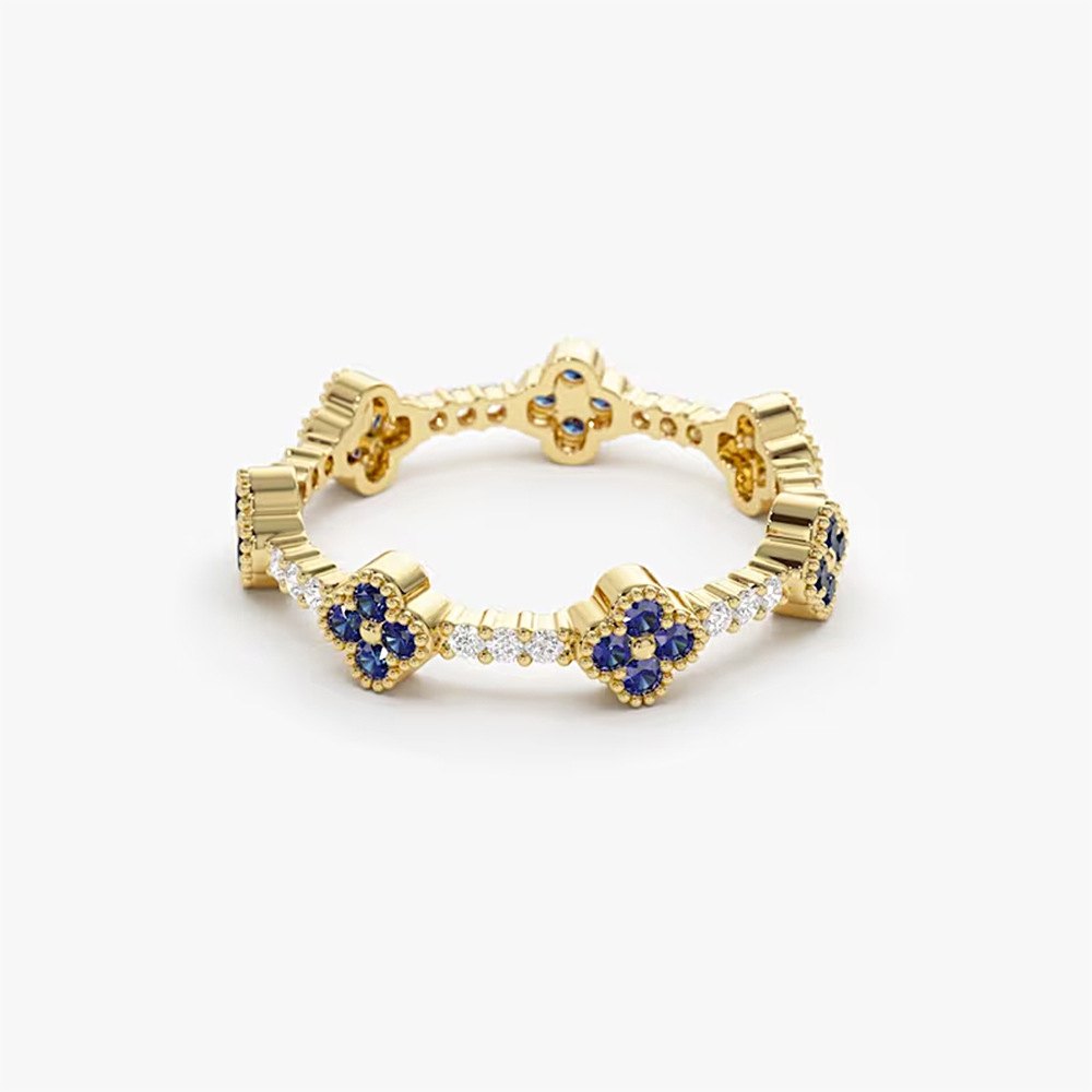 925 Sterling Silver Gold Plated Blue Flower Cubic Zirconia Adjustable Ring Floral Fashion Jewelry for Women