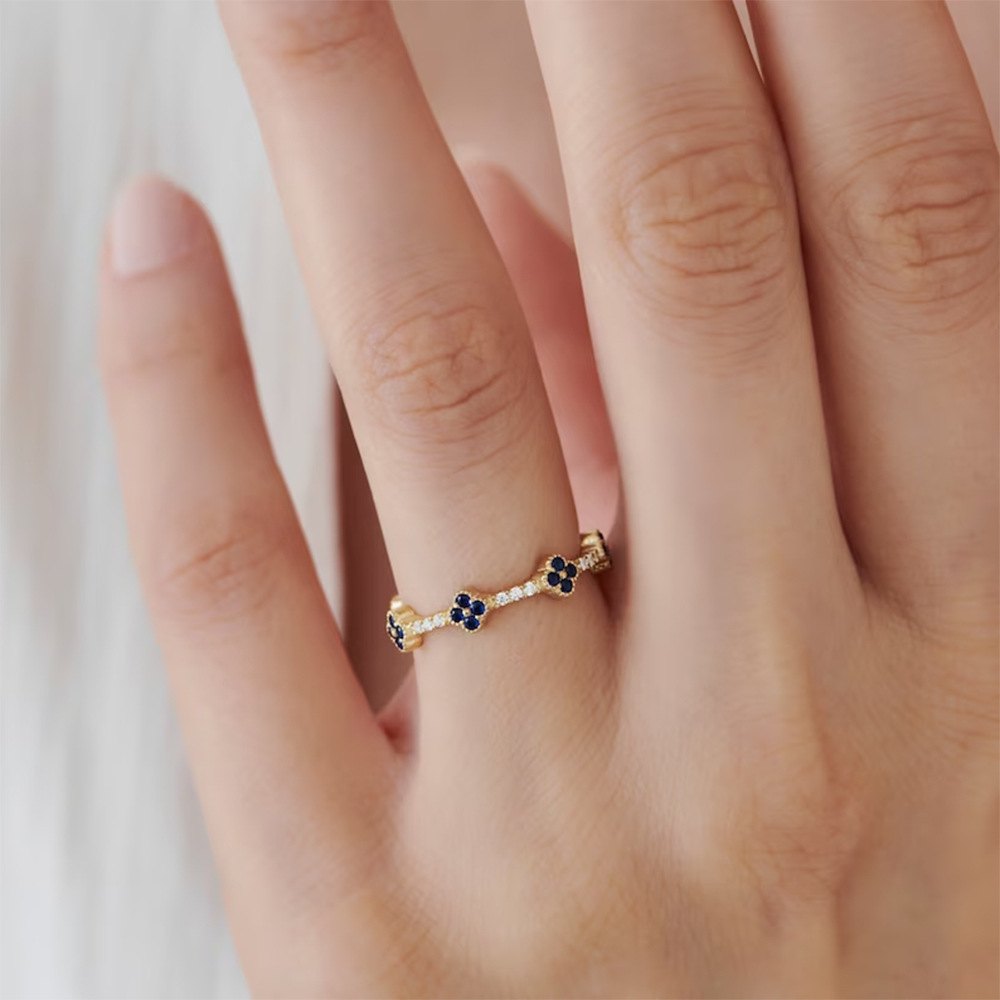 925 Sterling Silver Gold Plated Blue Flower Cubic Zirconia Adjustable Ring Floral Fashion Jewelry for Women - Image 3