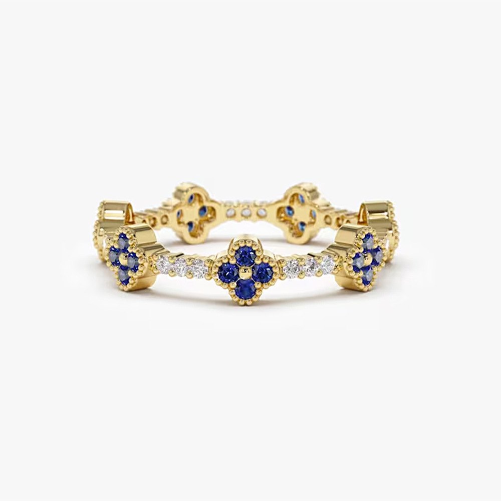 925 Sterling Silver Gold Plated Blue Flower Cubic Zirconia Adjustable Ring Floral Fashion Jewelry for Women - Image 5